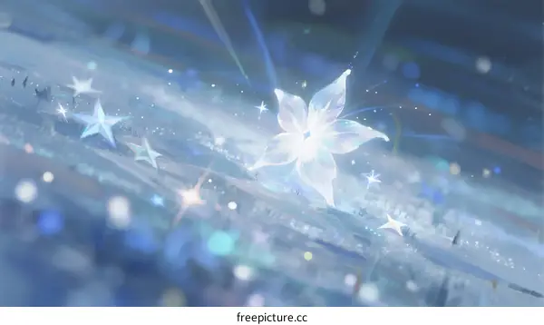 A Glowing White Star Flower with Sparkling Stars in Soft Blue Background