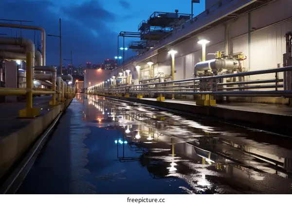 An industrial cityscape at night with a long wet corridor with pipes and catwalks on both sides and a puddle reflecting the lights