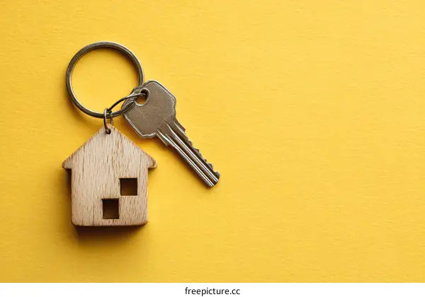 Wooden House Keyring on Yellow Background