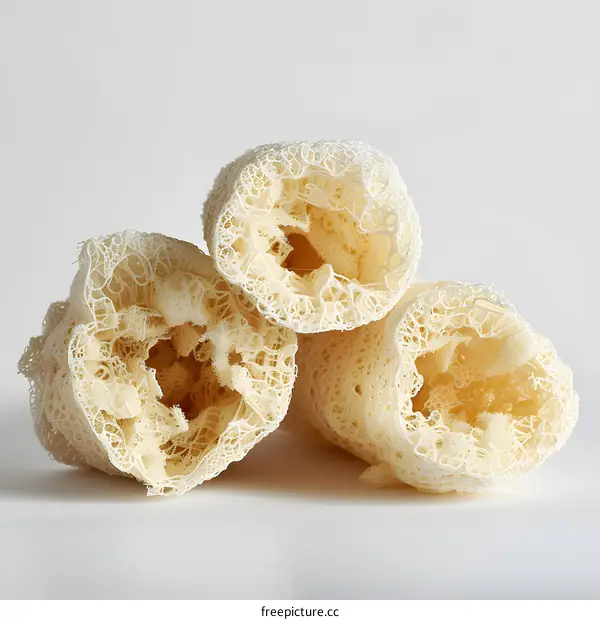 Three natural loofah sponges on a white background