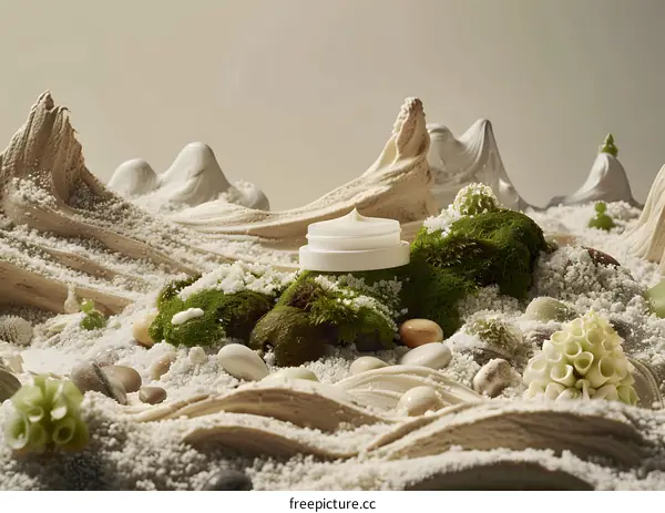 Natural Skincare Cream Jar in a Green Mossy Landscape