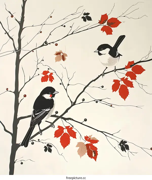 Two Birds on Branches with Red Leaves and Berries