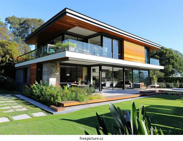 Modern House Exterior Design with Large Glass Windows and Wooden Elements