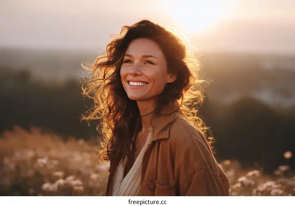 Smiling Woman in Golden Hour Landscape