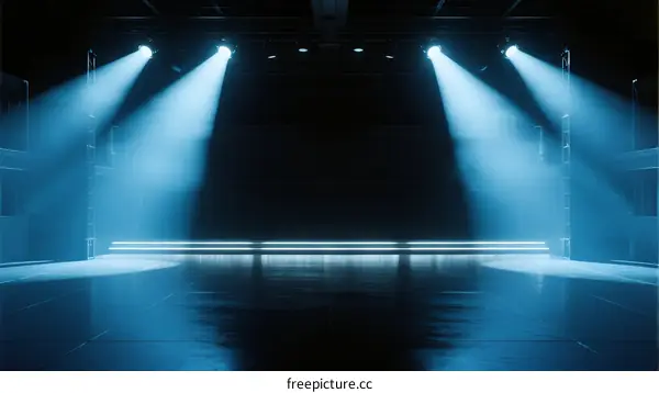 Stage with bright blue spotlights in empty dark room