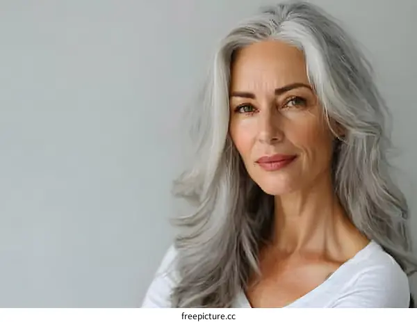 Portrait of a beautiful mature woman with long gray hair