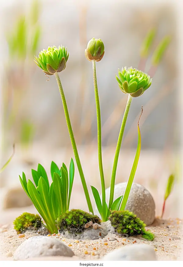 Green Buds Growing In Sandy Soil