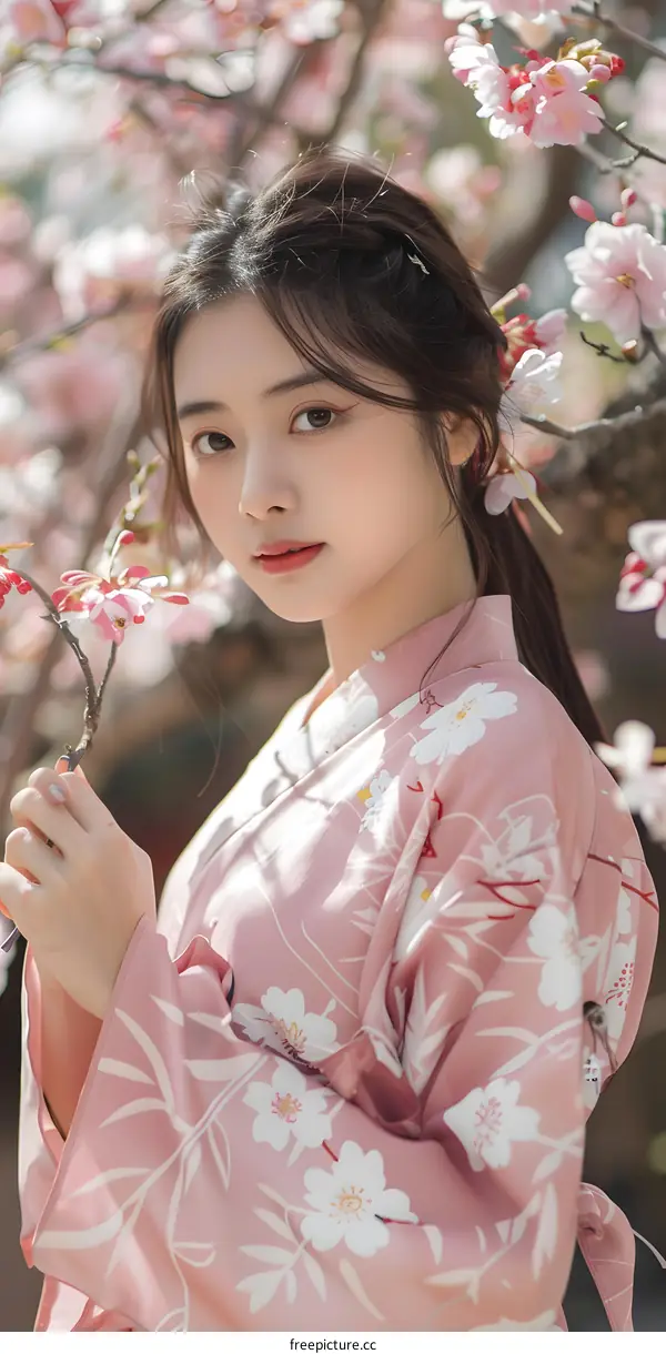 Asian Woman Wearing Pink Kimono with Cherry Blossoms in Background