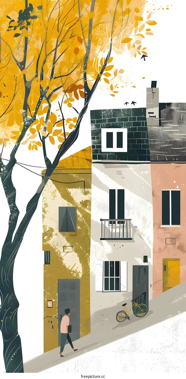 Autumn Illustration of a City Street With a Person Walking