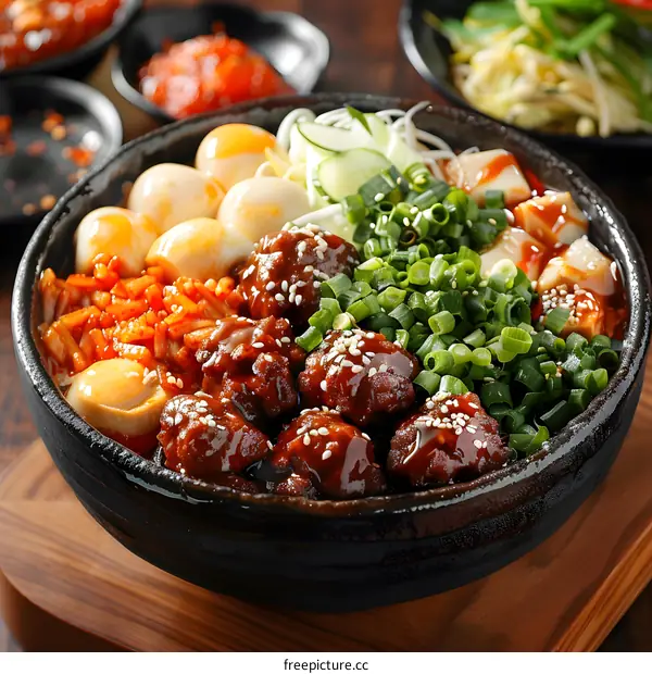 Korean food dolsot bibimbap with pork and egg