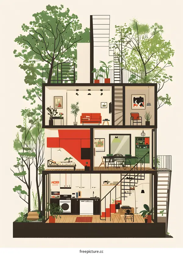 Cross Section Modern House Interior Design Illustration