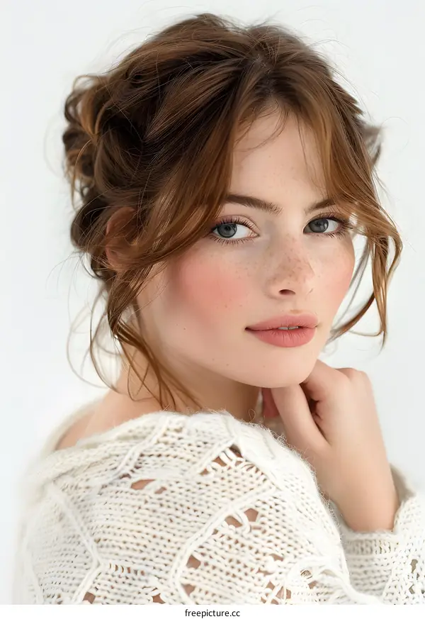 portrait of a beautiful young woman with freckles and red hair wearing a white sweater