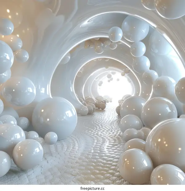 Futuristic tunnel with glowing white spheres