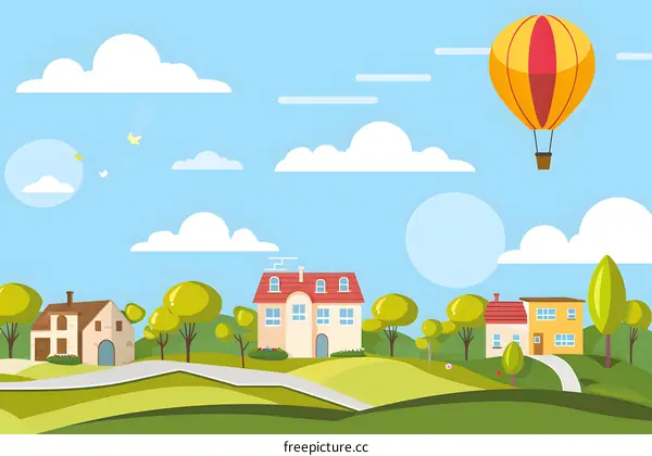 Cartoon Illustration of a Picturesque Village with a Hot Air Balloon Floating in the Sky