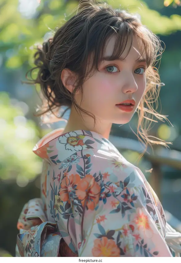 Asian Woman in Traditional Japanese Kimono Outdoor Portrait