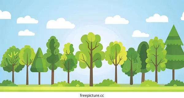 Cartoon Illustration of Green Trees and White Clouds on a Blue Sky
