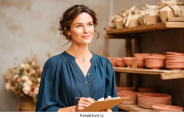 Woman Checking Inventory in a Craft Shop