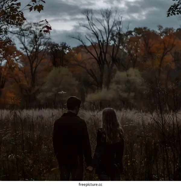 Couple Holding Hands Walking Through Fall Forest