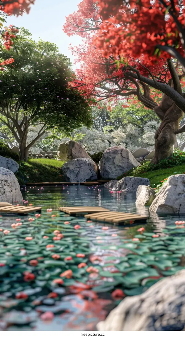 Zen Japanese Garden with Peaceful Pond and Arched Stone Bridge
