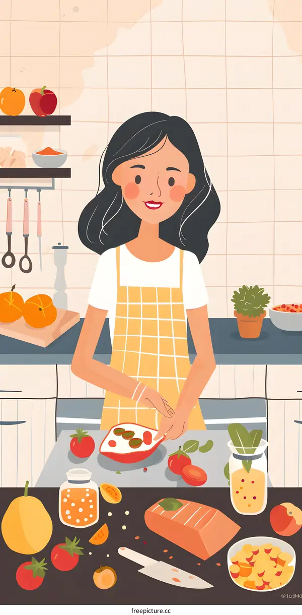 Woman Cooking in Kitchen with Fresh Ingredients