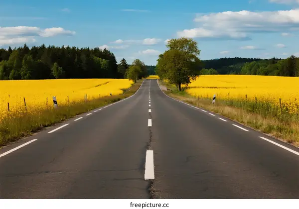 A peaceful road through bright yellow rapeseed fields under a clear blue sky