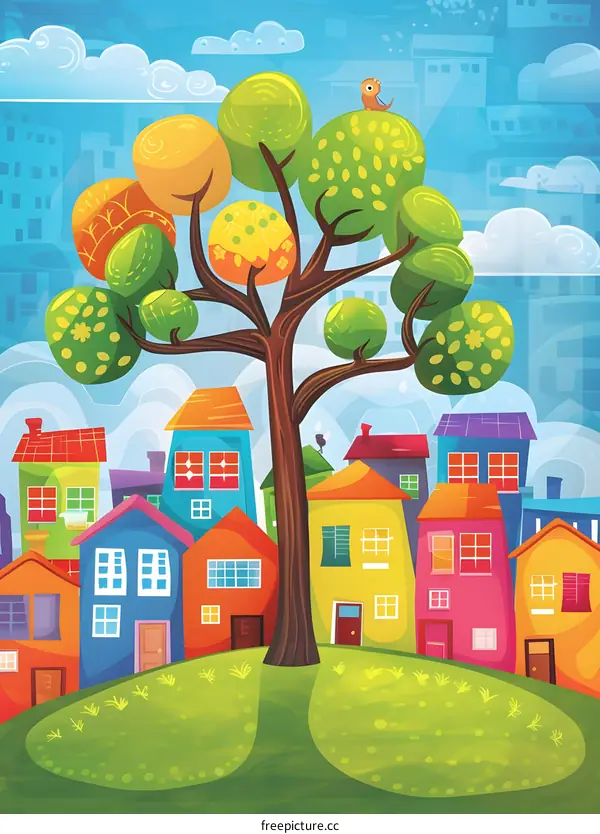 Colorful Cartoon Illustration of a Cityscape with Houses and a Tree