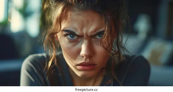 Close-up Portrait of a Caucasian Woman with Intense Expression