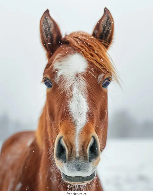 Close-up of a brown horse with white mane and white blaze looking at the camera in the snow