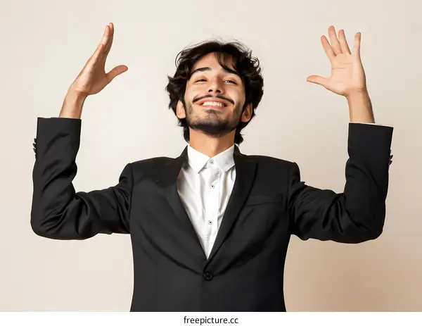 Happy businessman raising hands