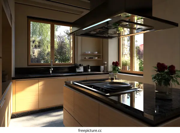 Modern Kitchen Interior Design with Black Granite Countertop and Wooden Cabinets