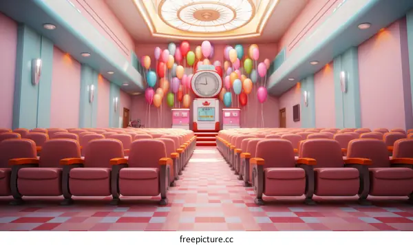Auditorium with pink seats and colorful balloons