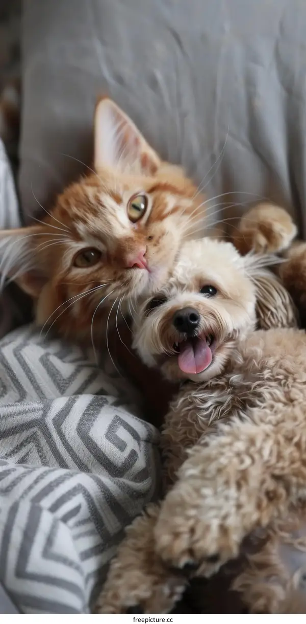Orange cat and white dog cuddling on a blanket
