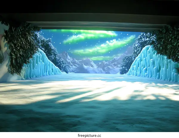 Winter Wonderland Scenic Landscape with Snowy Mountains and Icicles