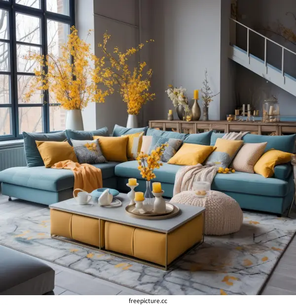 Blue and Yellow Living Room With Large Windows