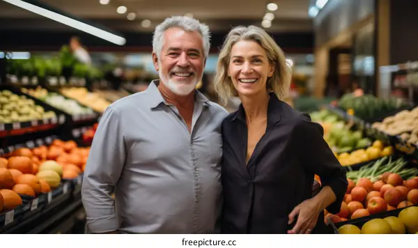 Happy senior couple grocery shopping together
