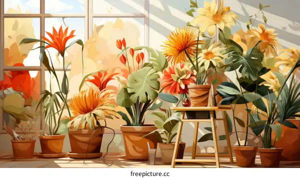Serene Floral Still Life Scene: Vibrant Flowers and Plants by a Window