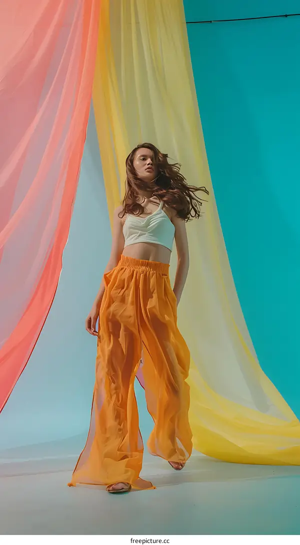 Woman in Orange Pants Posing with Colorful Fabric