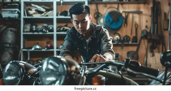 Young Asian man repairing a motorcycle in a garage