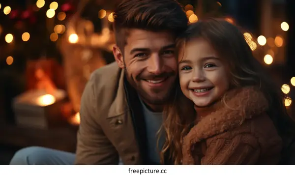 Father and daughter smiling happily in front of a blurry background of lights.
