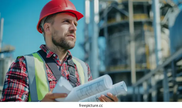 pensive engineer holding blueprints at an industrial site