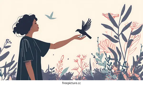 Woman with Curly Hair and a Bird on her Hand in a Flowery Field