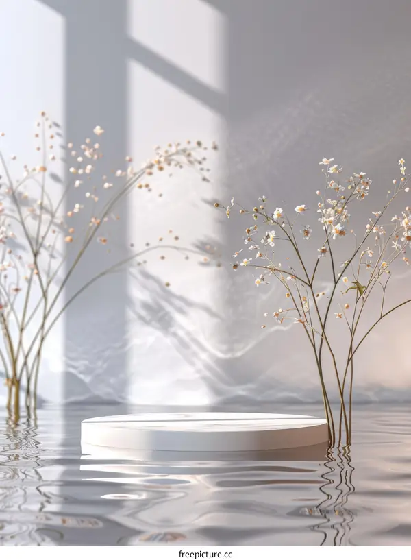 White podium with flowers on the water