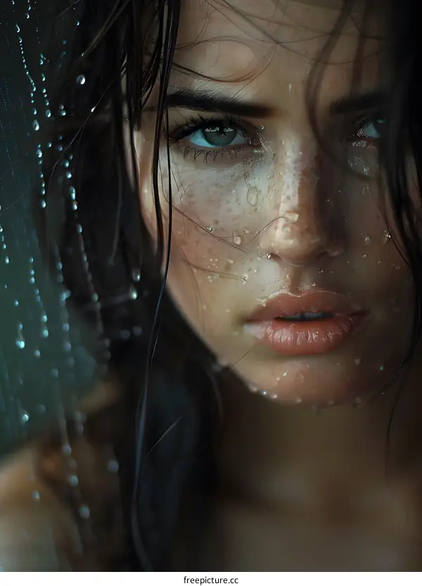 Closeup Portrait of a Young Woman With Wet Hair and Rain Water Droplets on Her Face