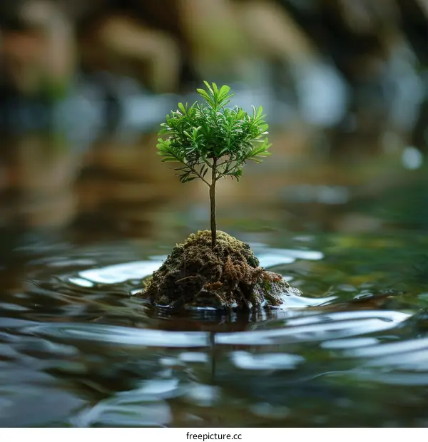 A small tree growing on a rock in the middle of a river