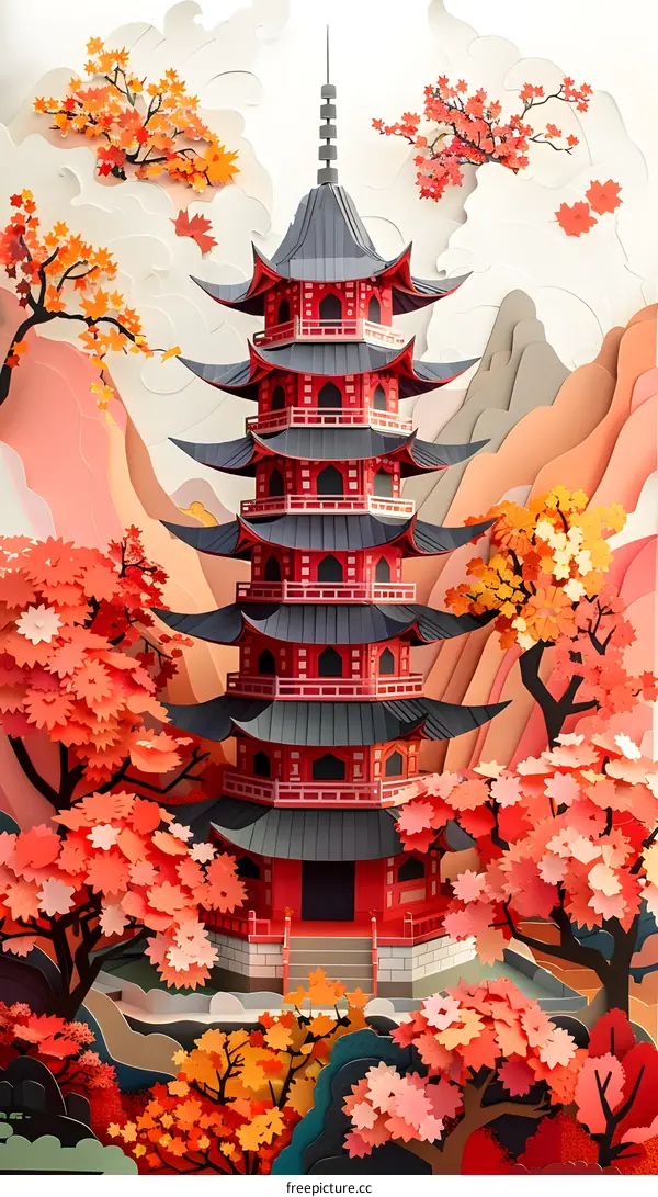 A red pagoda with autumn leaves