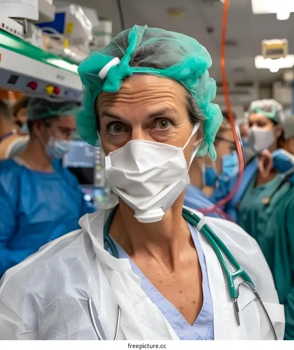 Caucasian Female Doctor Wearing Surgical Mask and Gown Looking at Camera in Operating Room