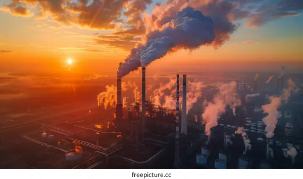 Industrial air pollution from factory chimneys at sunset