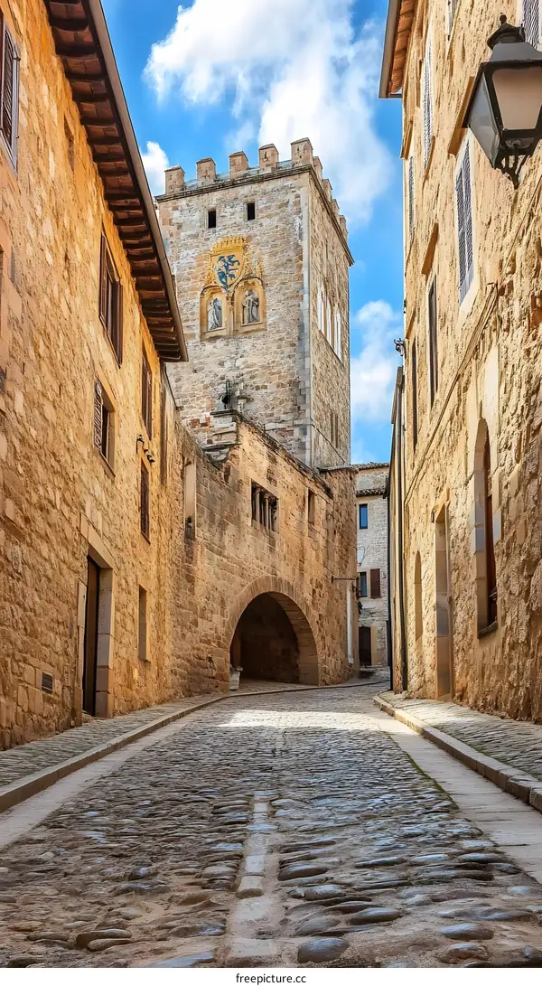 Cobblestone Street Leading to a Historic Tower in a Medieval European Town