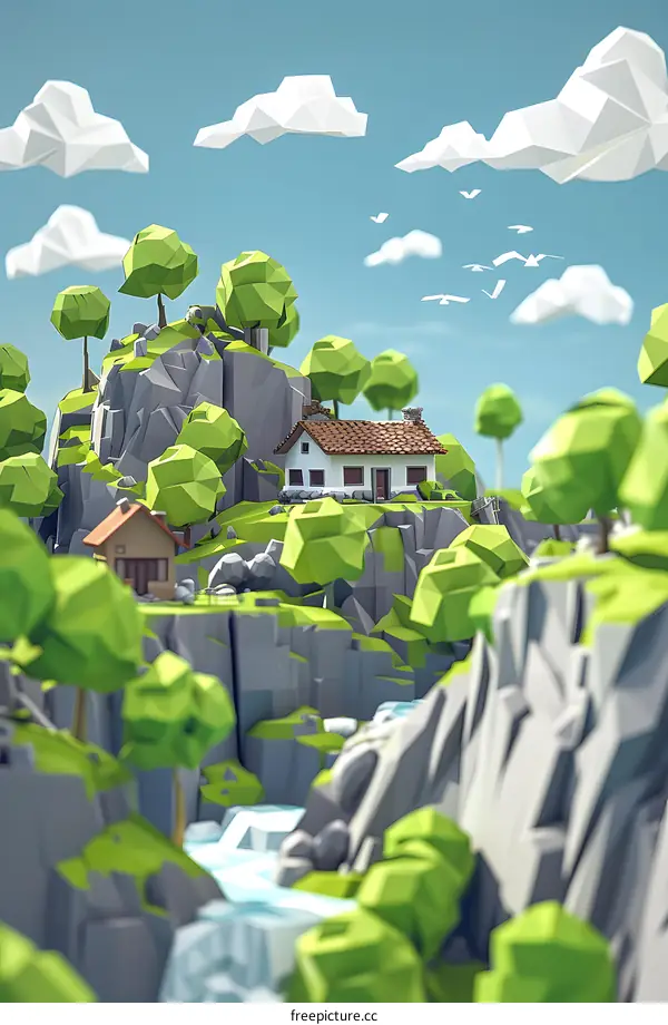 Low Poly Illustration of a House on a Mountain with a Waterfall