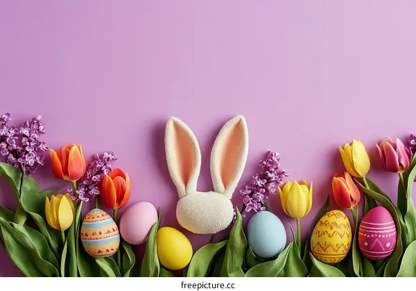 Easter Festive Decoration with Colorful Eggs and Flowers